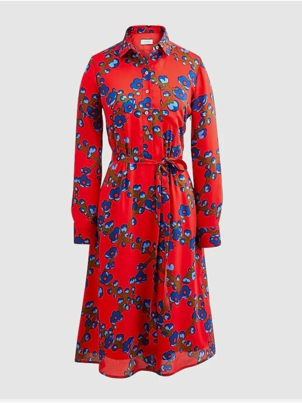 J. Crew Red Floral Long-Sleeve Shirt Dress with Blue Flowers